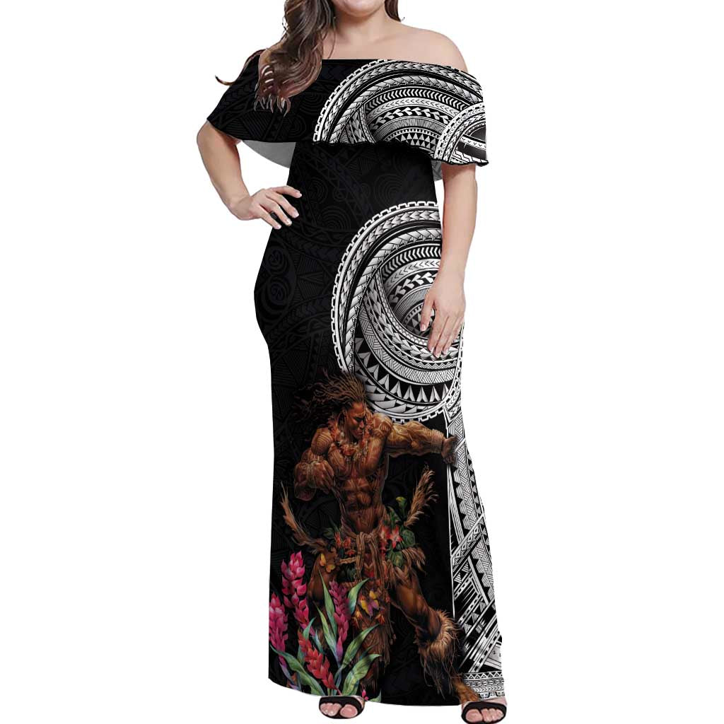Samoan Warrior Art Tattoo Off Shoulder Maxi Dress Polynesian Pattern and Teuila LT03 Women Black - Polynesian Pride