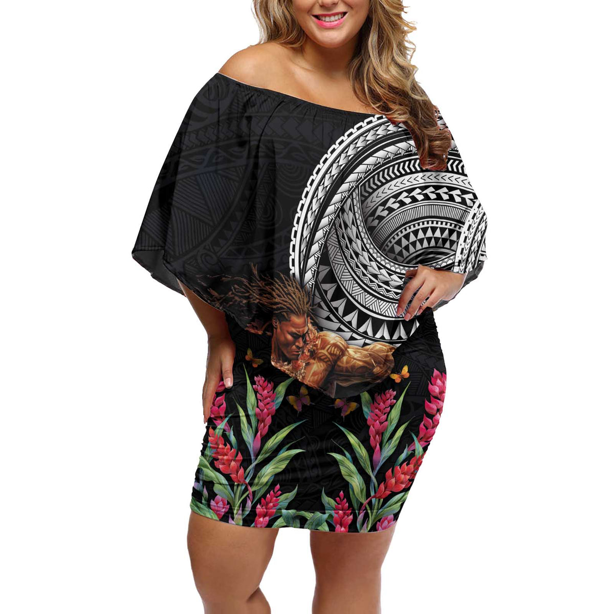 Samoan Warrior Art Tattoo Off Shoulder Short Dress Polynesian Pattern and Teuila LT03 Women Black - Polynesian Pride