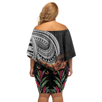 Samoan Warrior Art Tattoo Off Shoulder Short Dress Polynesian Pattern and Teuila LT03 - Polynesian Pride