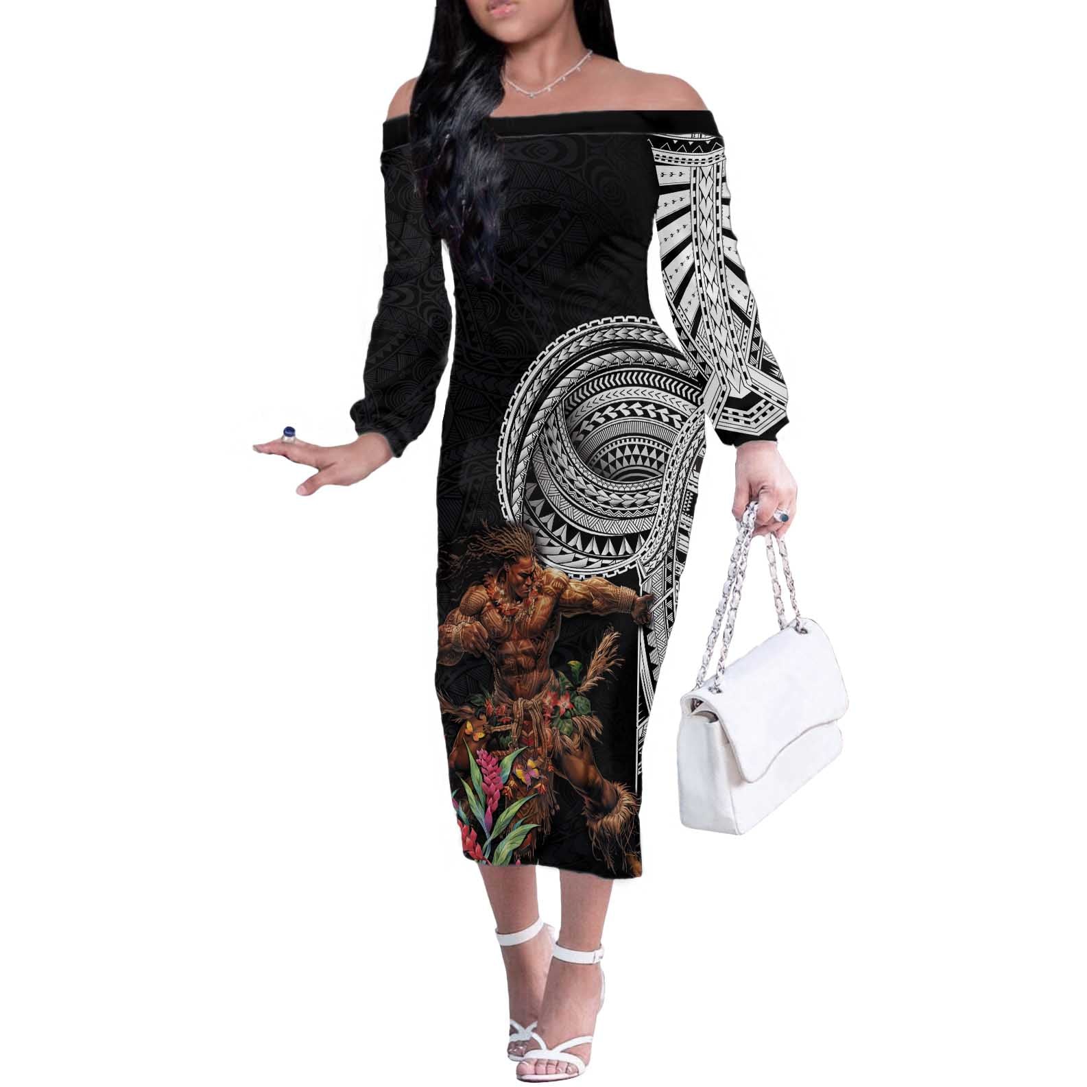 Samoan Warrior Art Tattoo Off The Shoulder Long Sleeve Dress Polynesian Pattern and Teuila LT03 Women Black - Polynesian Pride