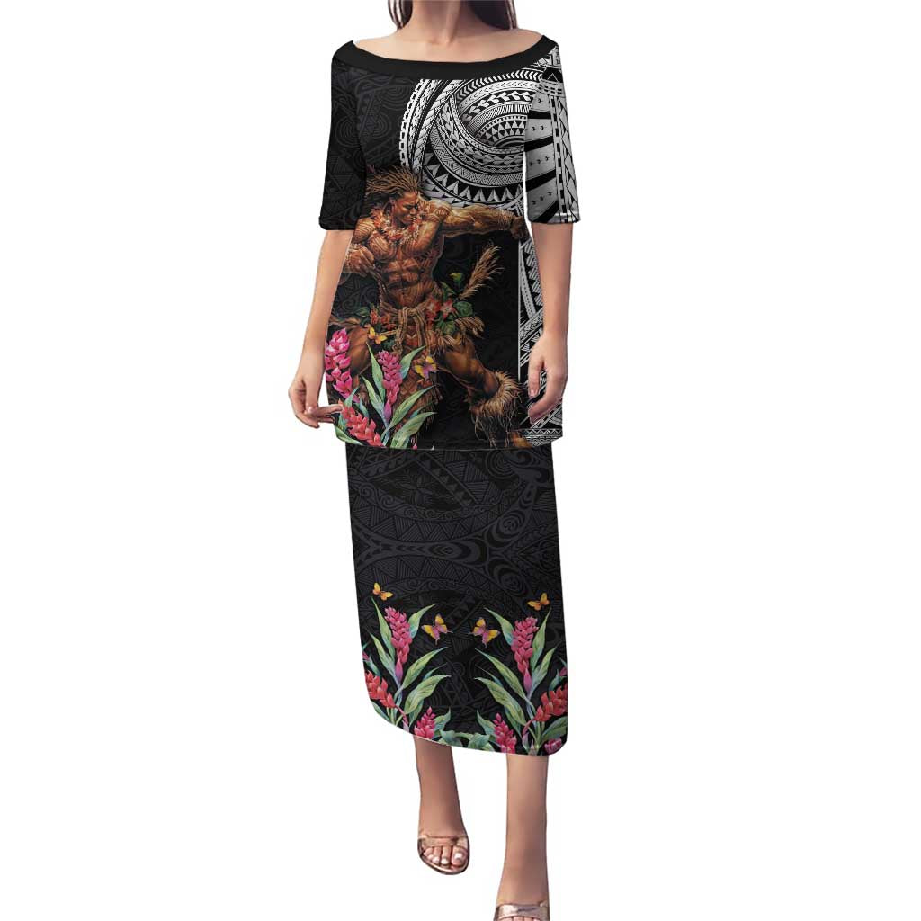 Samoan Warrior Art Tattoo Puletasi Polynesian Pattern and Teuila LT03 Long Dress Black - Polynesian Pride