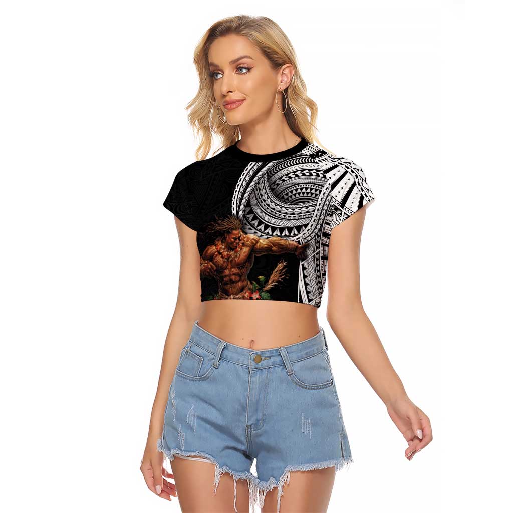 Samoan Warrior Art Tattoo Raglan Cropped T Shirt Polynesian Pattern and Teuila LT03 Female Black - Polynesian Pride
