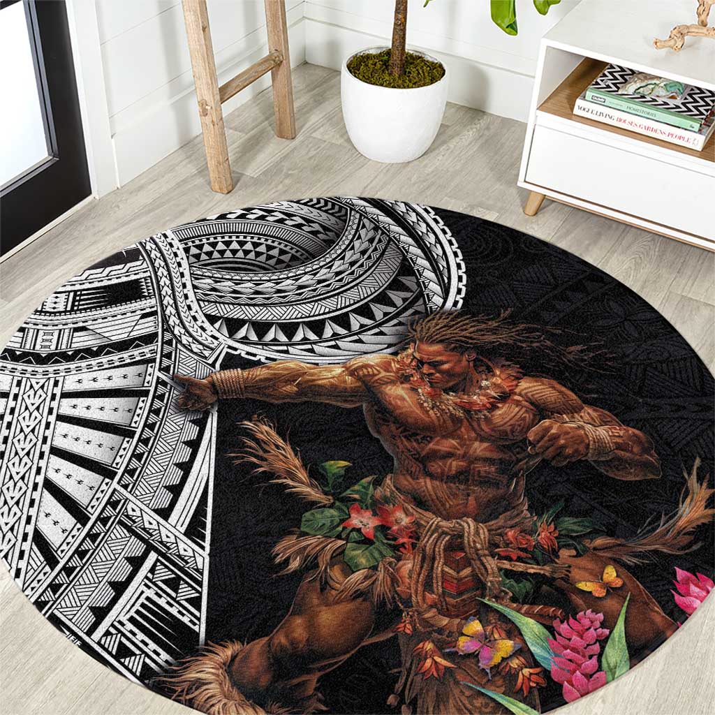 Samoan Warrior Art Tattoo Round Carpet Polynesian Pattern and Teuila LT03 Black - Polynesian Pride
