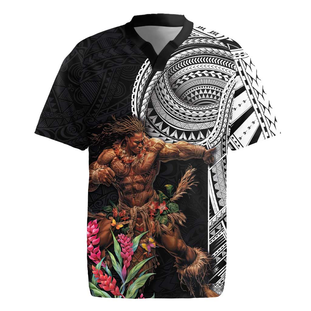 Samoan Warrior Art Tattoo Rugby Jersey Polynesian Pattern and Teuila LT03 Black - Polynesian Pride