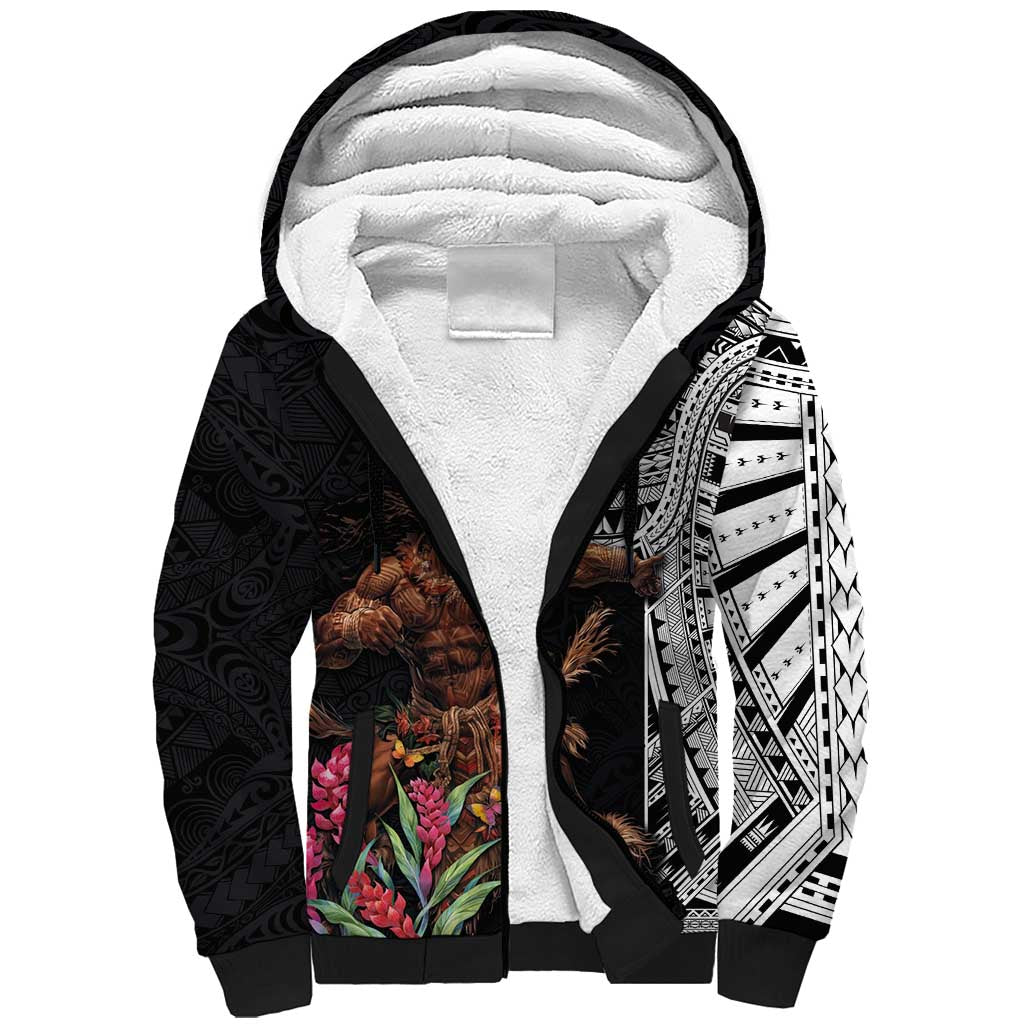 Samoan Warrior Art Tattoo Sherpa Hoodie Polynesian Pattern and Teuila LT03 Unisex Black - Polynesian Pride