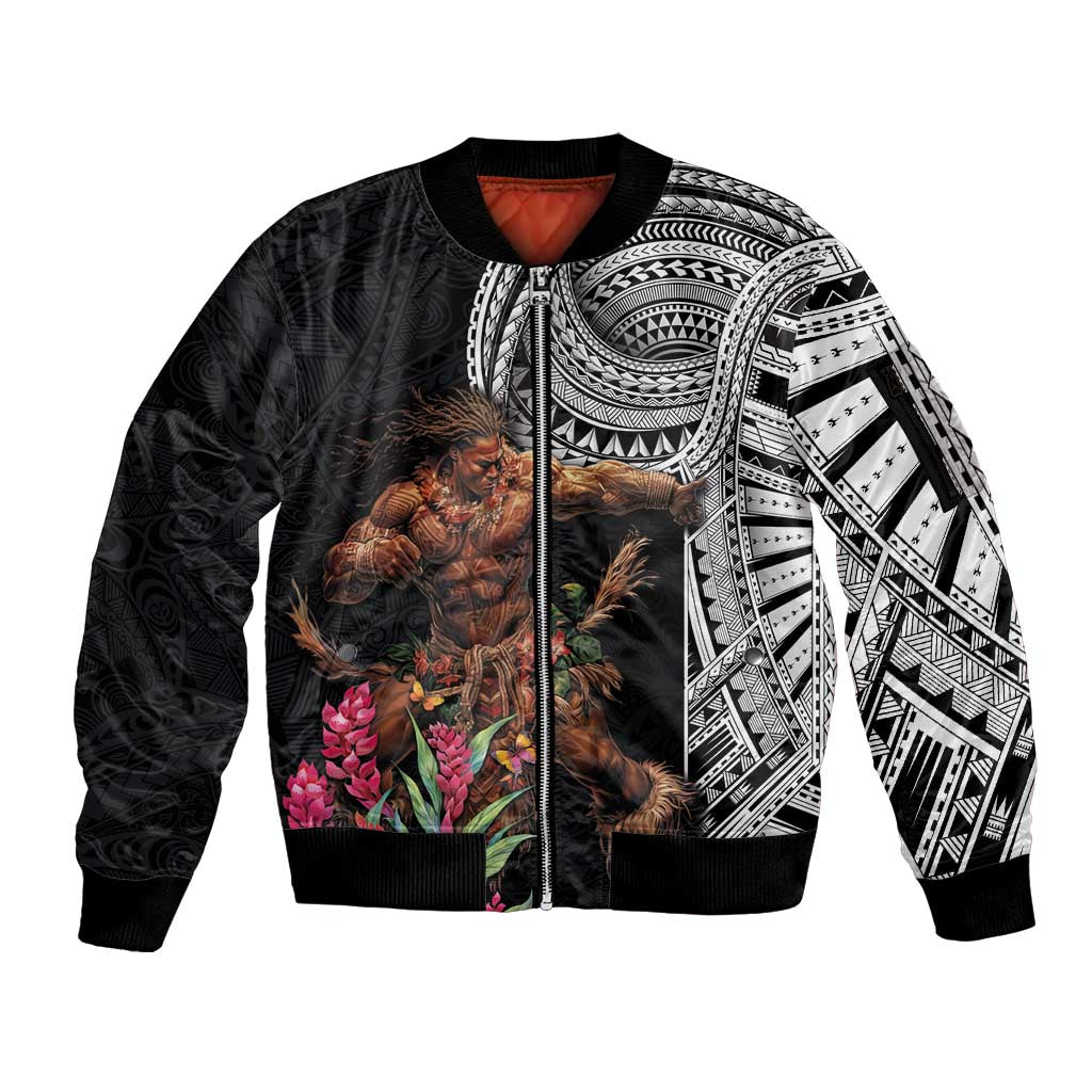 Samoan Warrior Art Tattoo Sleeve Zip Bomber Jacket Polynesian Pattern and Teuila LT03 Unisex Black - Polynesian Pride