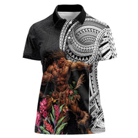 Samoan Warrior Art Tattoo Women Polo Shirt Polynesian Pattern and Teuila LT03 Female Black - Polynesian Pride