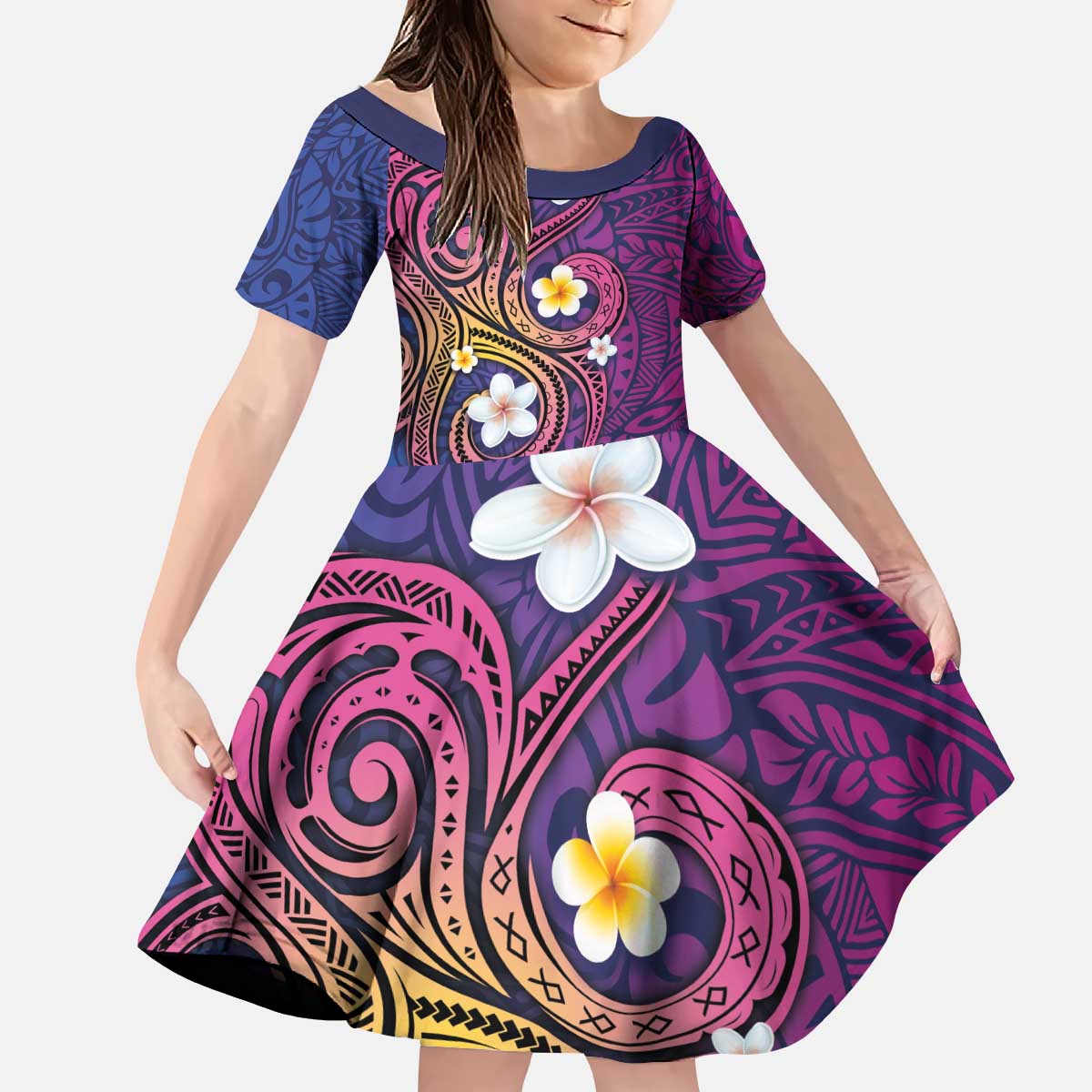 Hawaiian Octopus Tattoo and Frangipani Kid Short Sleeve Dress LT03 KID Purple - Polynesian Pride