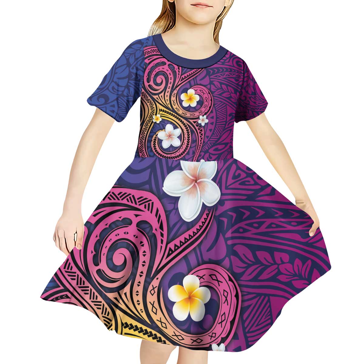 Hawaiian Octopus Tattoo and Frangipani Kid Short Sleeve Dress LT03 - Polynesian Pride