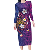 Hawaiian Octopus Tattoo and Frangipani Long Sleeve Bodycon Dress LT03 Long Dress Purple - Polynesian Pride