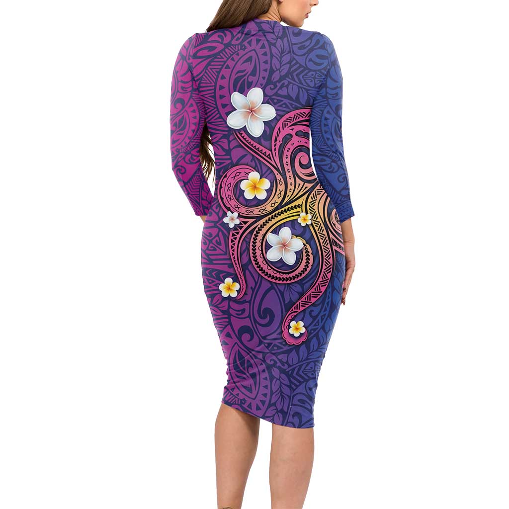 Hawaiian Octopus Tattoo and Frangipani Long Sleeve Bodycon Dress LT03 - Polynesian Pride