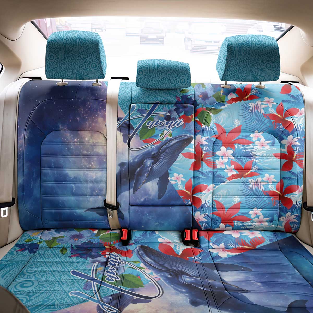 Hawaii Aloha Whales Back Car Seat Cover Hibiscus and Whales with Polynesian Pattern LT03 - Polynesian Pride