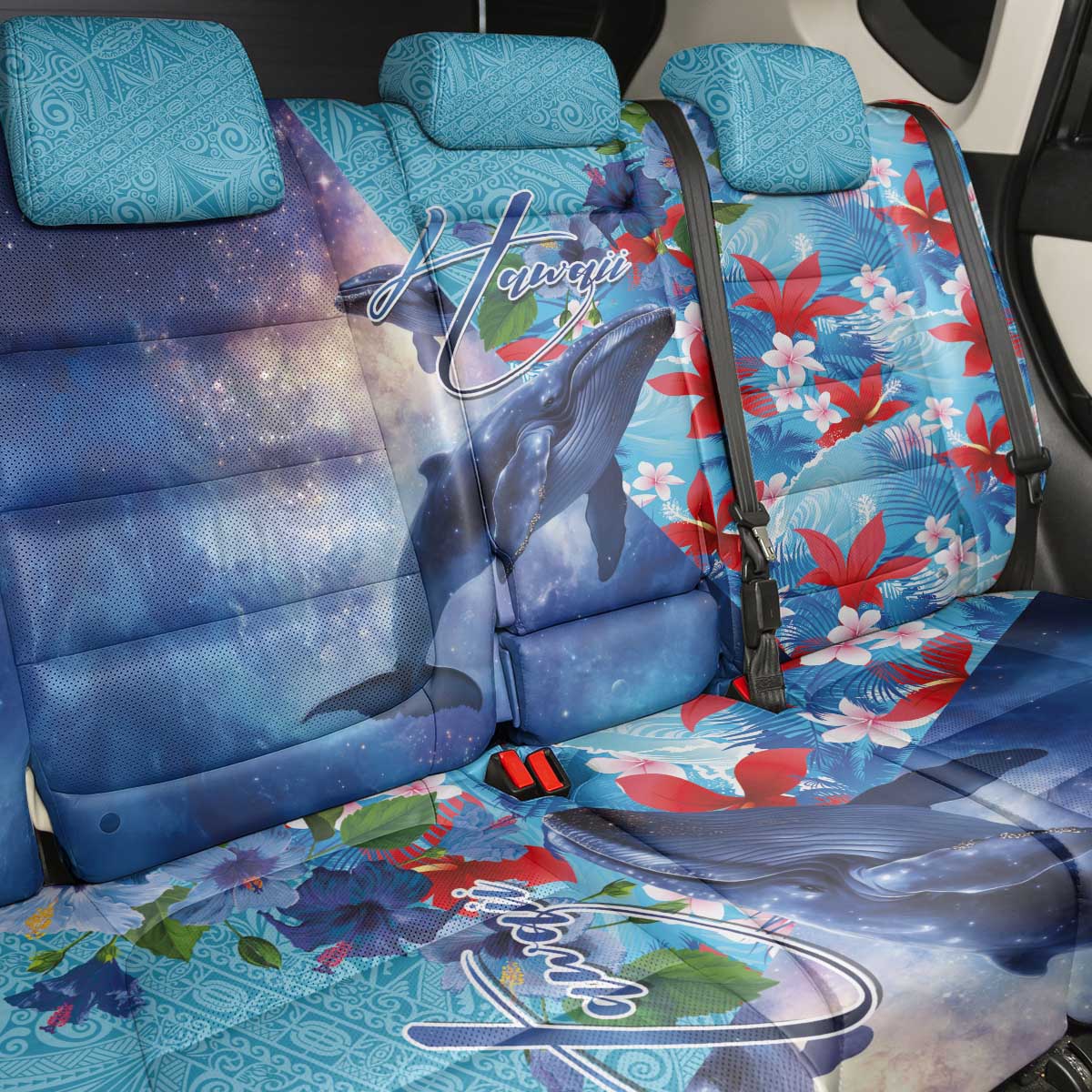Hawaii Aloha Whales Back Car Seat Cover Hibiscus and Whales with Polynesian Pattern LT03 - Polynesian Pride