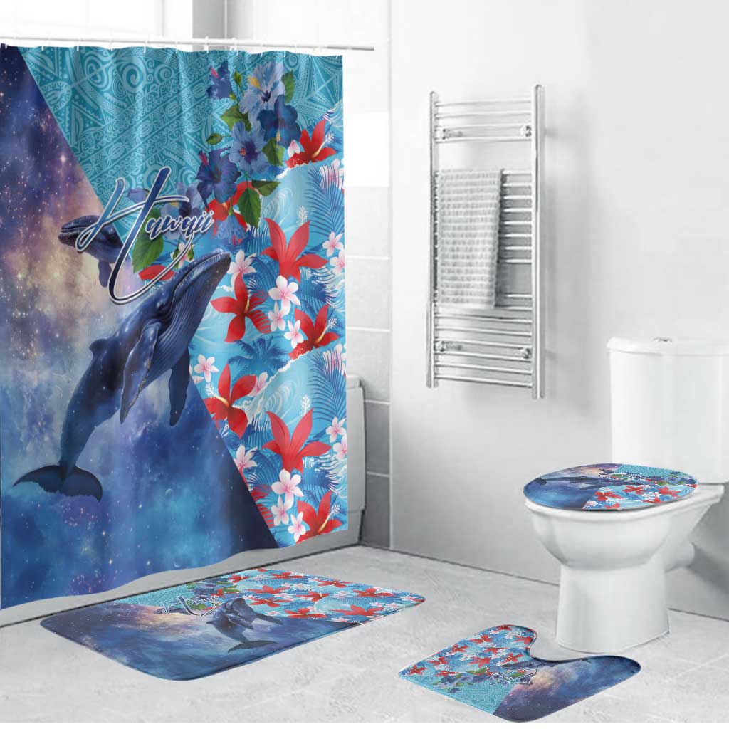 Hawaii Aloha Whales Bathroom Set Hibiscus and Whales with Polynesian Pattern LT03 Bathroom Set (4 pcs) Blue - Polynesian Pride