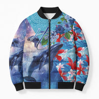 Hawaii Aloha Whales Bomber Puffer Jacket Hibiscus and Whales with Polynesian Pattern LT03 Unisex Blue - Polynesian Pride