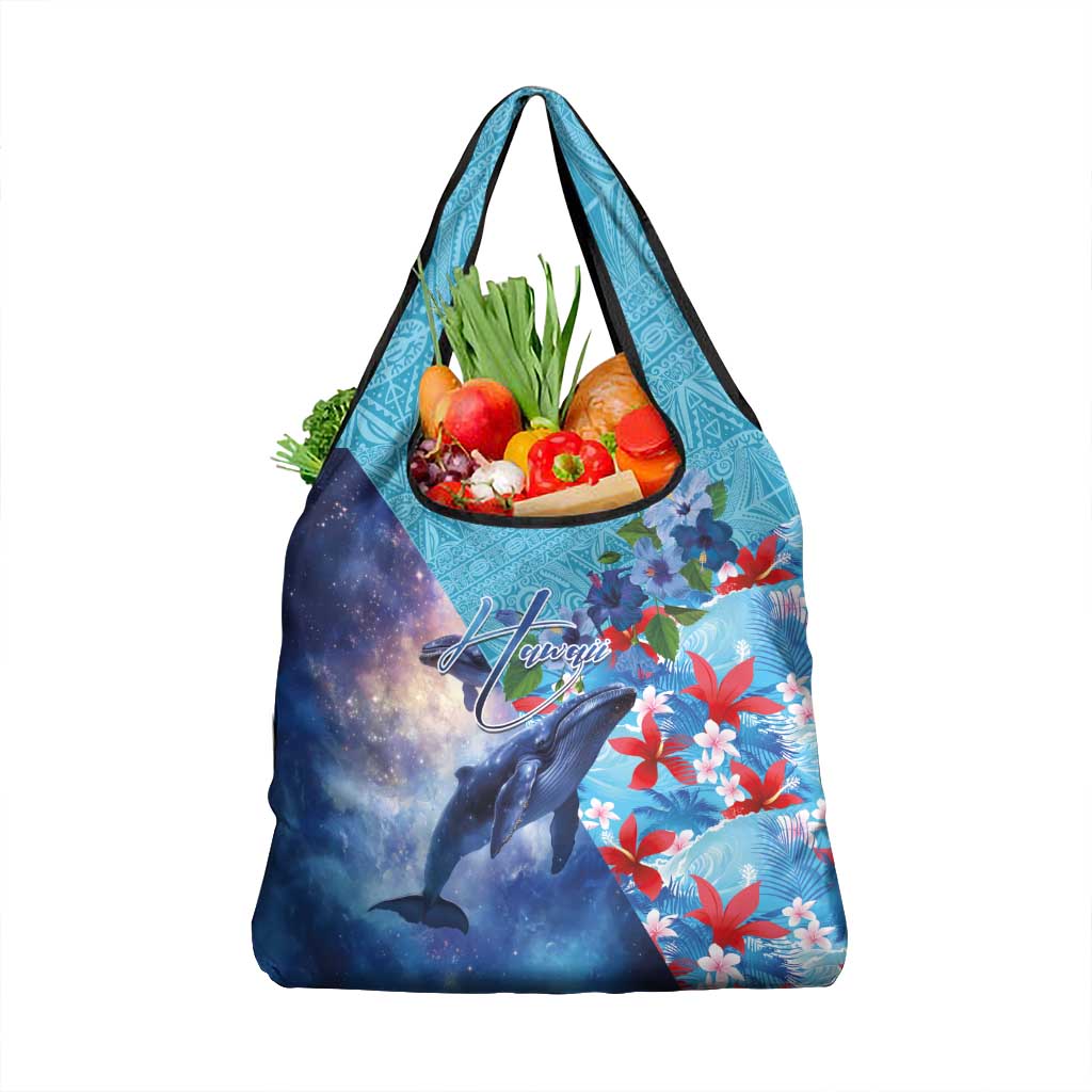 Hawaii Aloha Whales Grocery Bag Hibiscus and Whales with Polynesian Pattern LT03 1-pack One Size Blue - Polynesian Pride