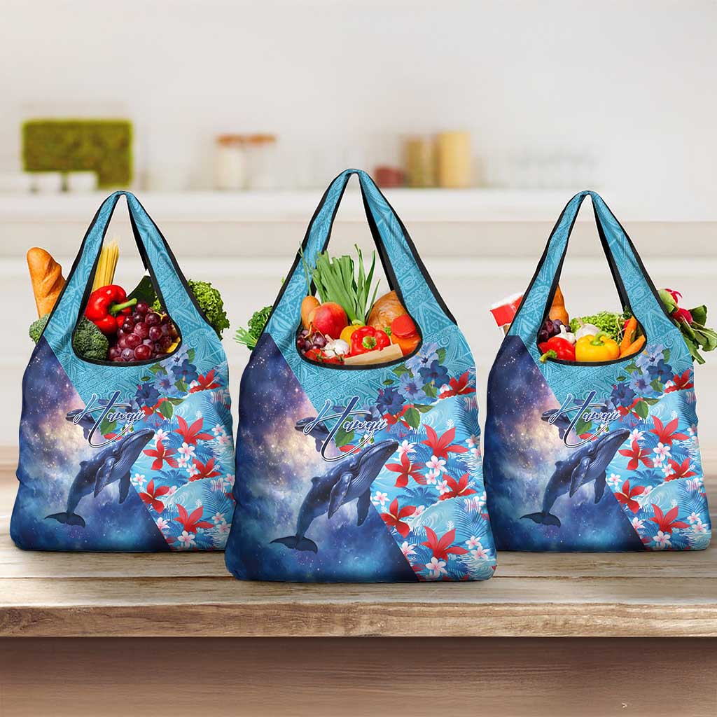 Hawaii Aloha Whales Grocery Bag Hibiscus and Whales with Polynesian Pattern LT03 3-pack One Size Blue - Polynesian Pride