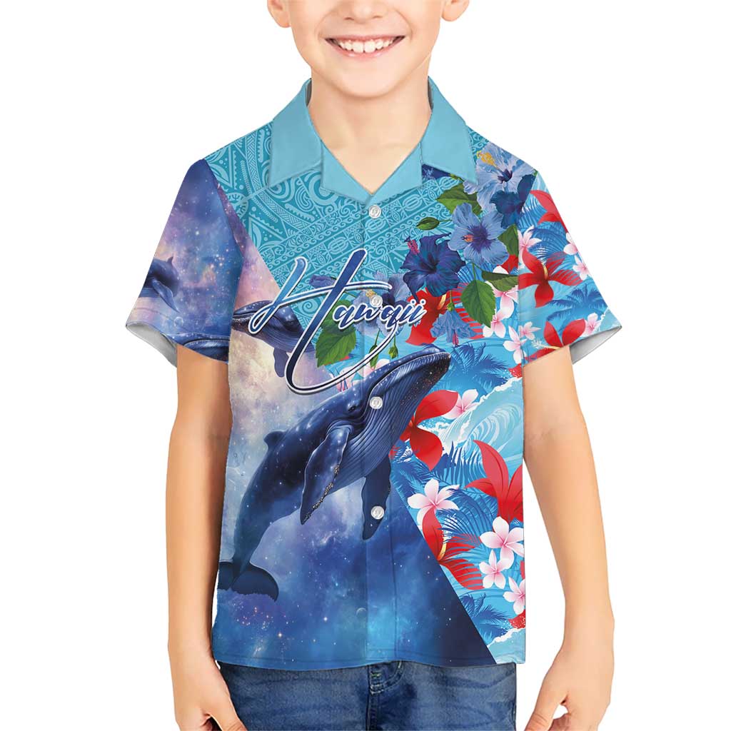 Hawaii Aloha Whales Kid Hawaiian Shirt Hibiscus and Whales with Polynesian Pattern LT03 Kid Blue - Polynesian Pride