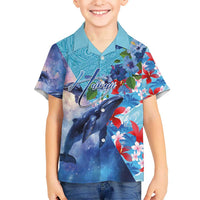 Hawaii Aloha Whales Kid Hawaiian Shirt Hibiscus and Whales with Polynesian Pattern LT03 Kid Blue - Polynesian Pride