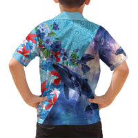 Hawaii Aloha Whales Kid Hawaiian Shirt Hibiscus and Whales with Polynesian Pattern LT03 - Polynesian Pride