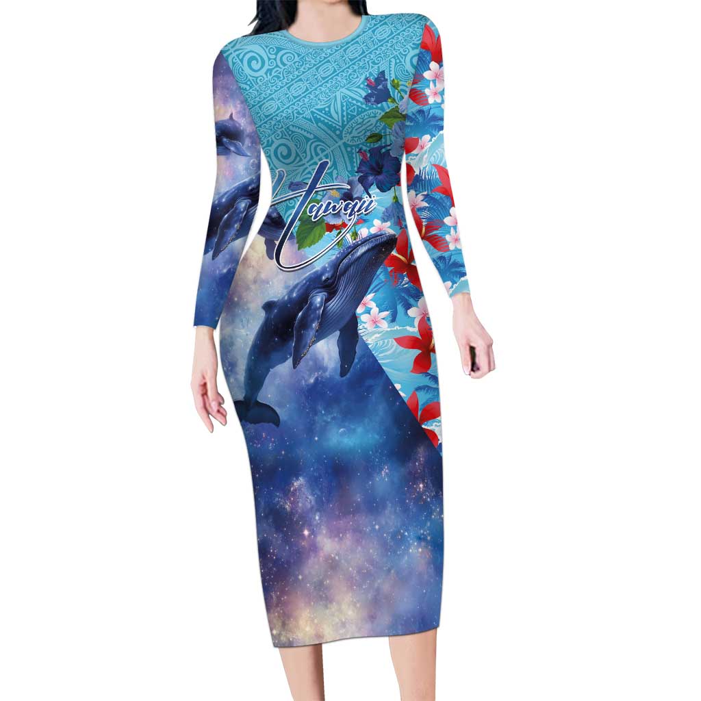 Hawaii Aloha Whales Long Sleeve Bodycon Dress Hibiscus and Whales with Polynesian Pattern LT03 Long Dress Blue - Polynesian Pride