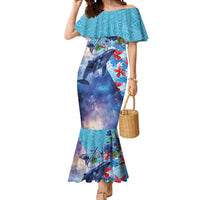 Hawaii Aloha Whales Mermaid Dress Hibiscus and Whales with Polynesian Pattern LT03 Women Blue - Polynesian Pride
