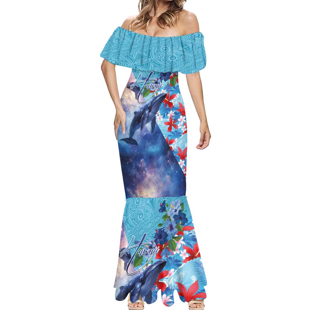 Hawaii Aloha Whales Mermaid Dress Hibiscus and Whales with Polynesian Pattern LT03 - Polynesian Pride
