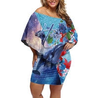Hawaii Aloha Whales Off Shoulder Short Dress Hibiscus and Whales with Polynesian Pattern LT03 Women Blue - Polynesian Pride