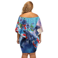 Hawaii Aloha Whales Off Shoulder Short Dress Hibiscus and Whales with Polynesian Pattern LT03 - Polynesian Pride