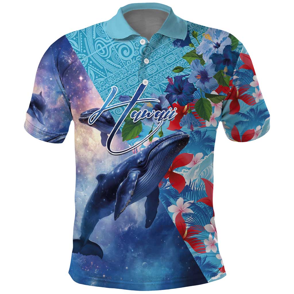 Hawaii Aloha Whales Polo Shirt Hibiscus and Whales with Polynesian Pattern LT03 Blue - Polynesian Pride