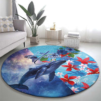 Hawaii Aloha Whales Round Carpet Hibiscus and Whales with Polynesian Pattern LT03 - Polynesian Pride