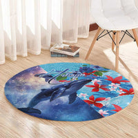 Hawaii Aloha Whales Round Carpet Hibiscus and Whales with Polynesian Pattern LT03 - Polynesian Pride