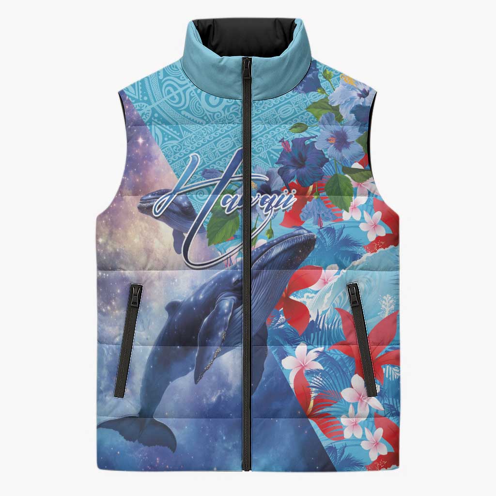 Hawaii Aloha Whales Sleeveless Puffer Jacket Hibiscus and Whales with Polynesian Pattern LT03 Unisex Blue - Polynesian Pride