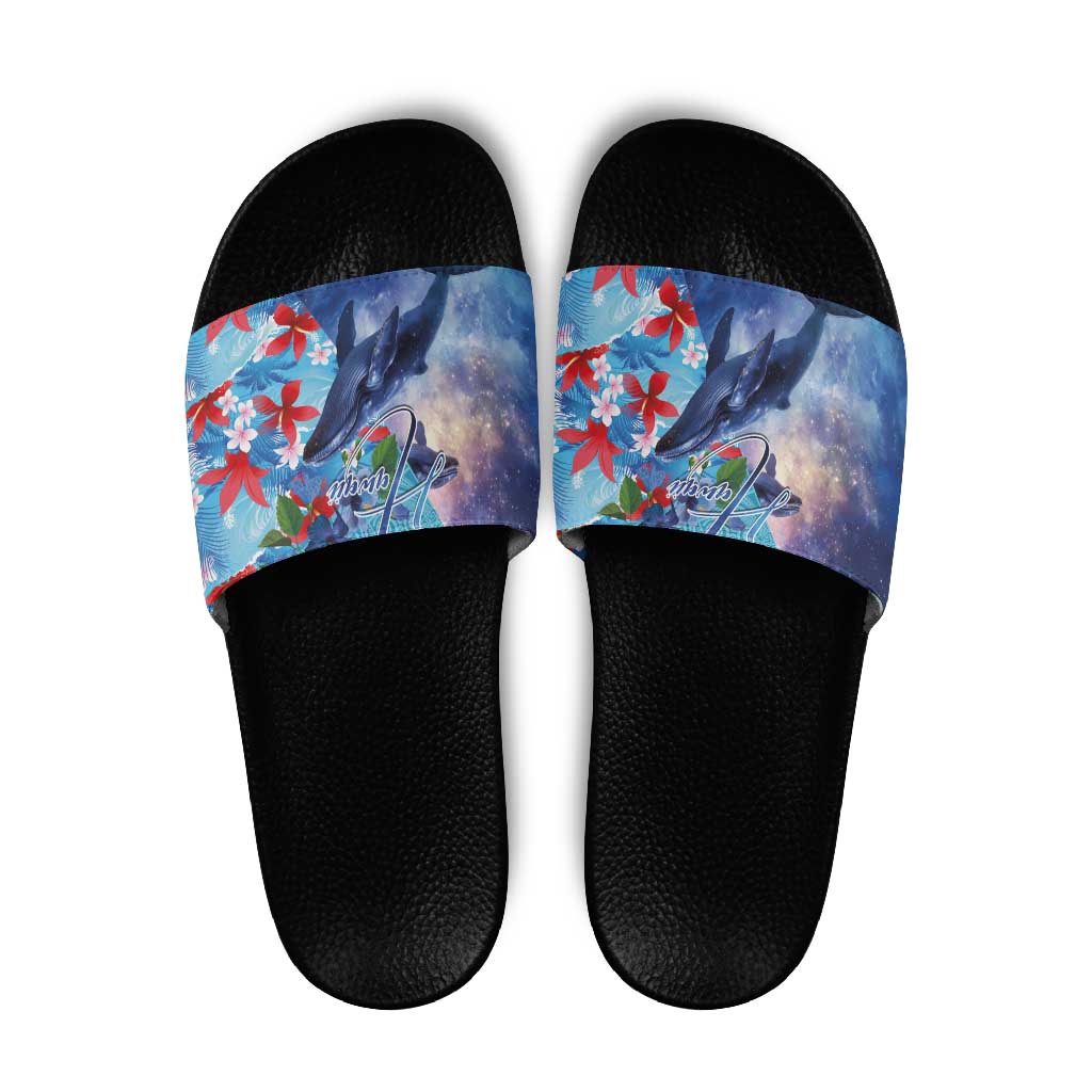 Hawaii Aloha Whales Slide Sandals Hibiscus and Whales with Polynesian Pattern LT03 Blue - Polynesian Pride