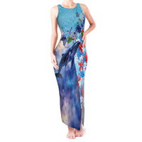 Hawaii Aloha Whales Tank Maxi Dress Hibiscus and Whales with Polynesian Pattern LT03 Women Blue - Polynesian Pride