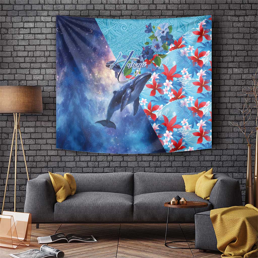 Hawaii Aloha Whales Tapestry Hibiscus and Whales with Polynesian Pattern LT03 Blue - Polynesian Pride