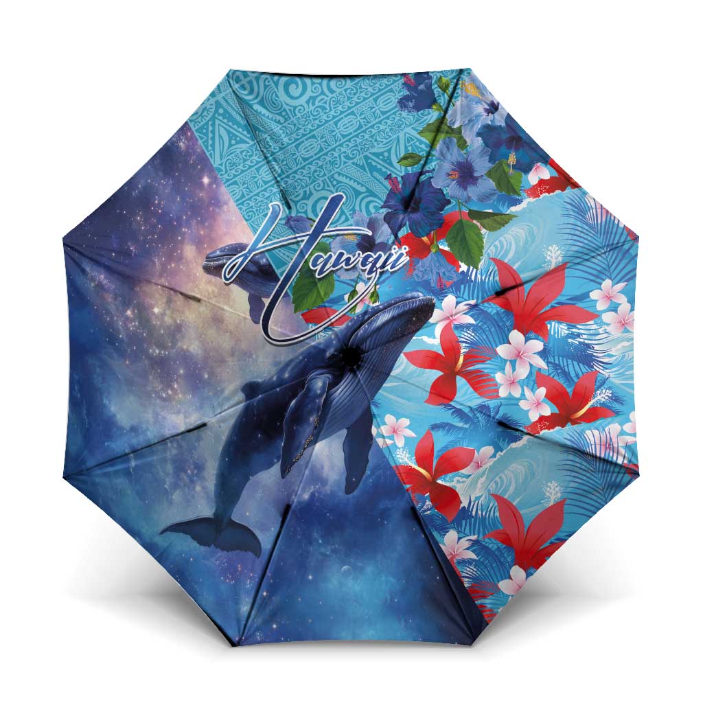 Hawaii Aloha Whales Umbrella Hibiscus and Whales with Polynesian Pattern LT03 One Size Folded 11.42 inch Opened Diameter 37.4 inch Blue - Polynesian Pride