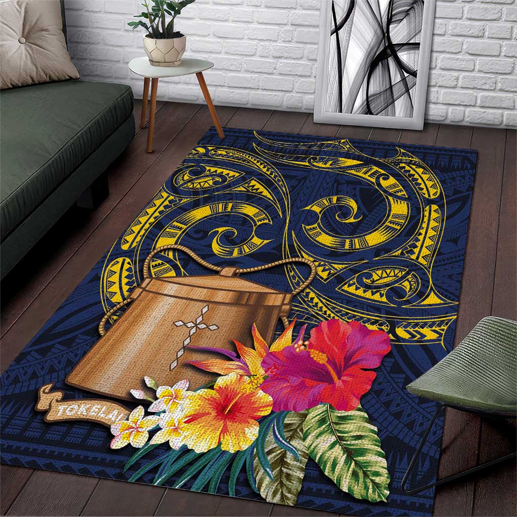 Tokelau Tokehega Day Area Rug Coat of Arms with Polynesian Tattoo and Hibiscus