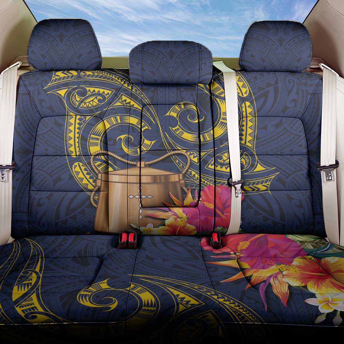 Tokelau Tokehega Day Back Car Seat Cover Coat of Arms with Polynesian Tattoo and Hibiscus