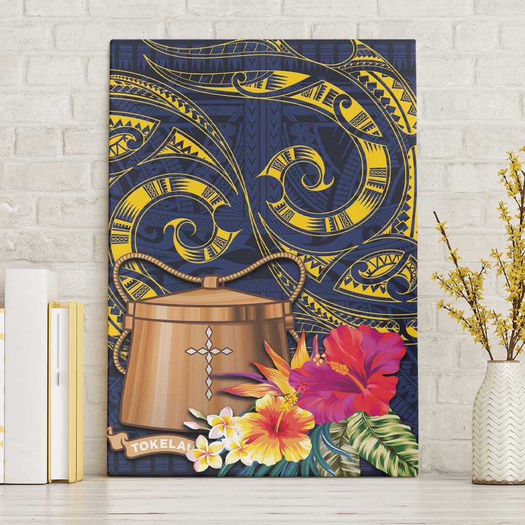Tokelau Tokehega Day Canvas Wall Art Coat of Arms with Polynesian Tattoo and Hibiscus LT03 Without Frame Blue - Polynesian Pride