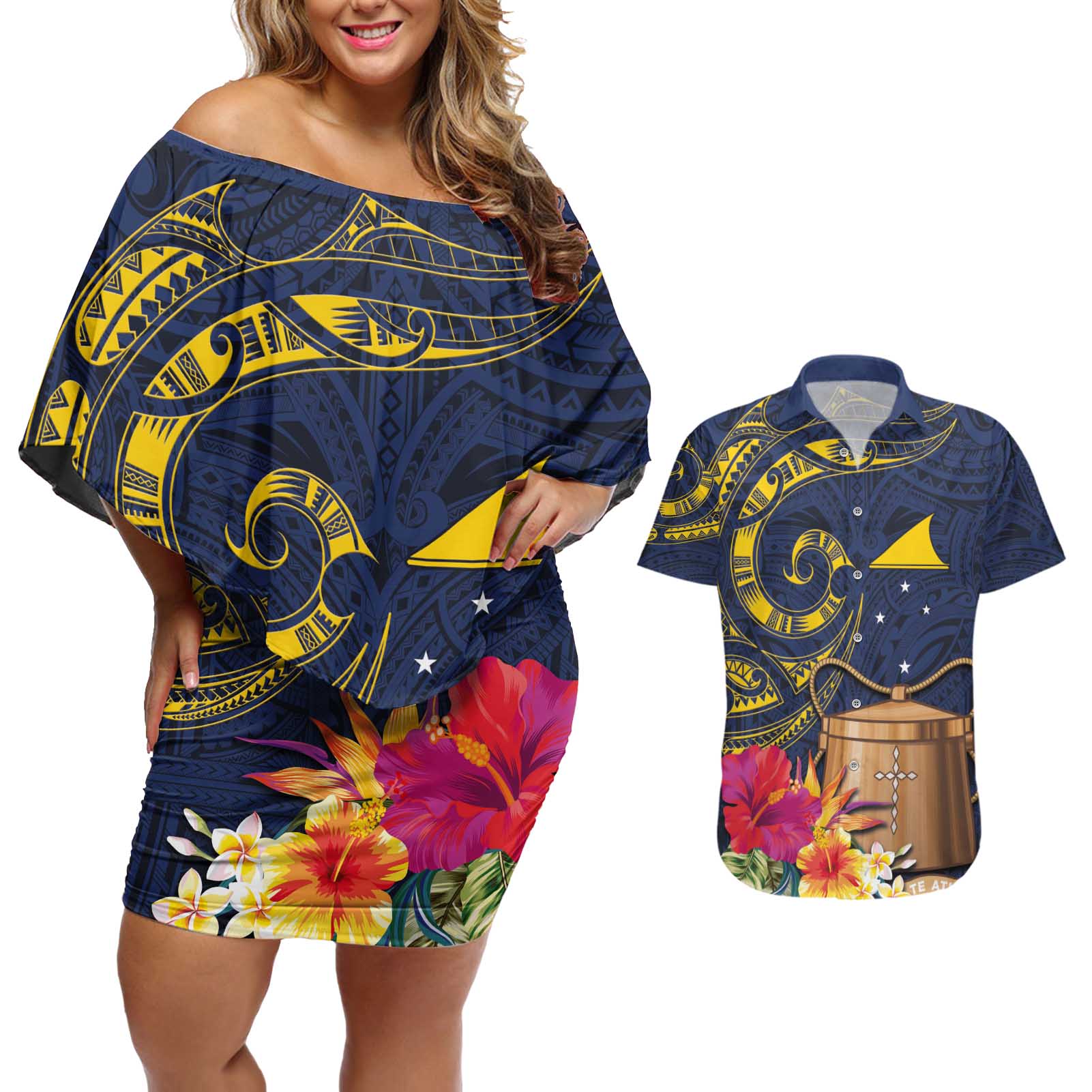 Tokelau Tokehega Day Couples Matching Off Shoulder Short Dress and Hawaiian Shirt Coat of Arms with Polynesian Tattoo and Hibiscus