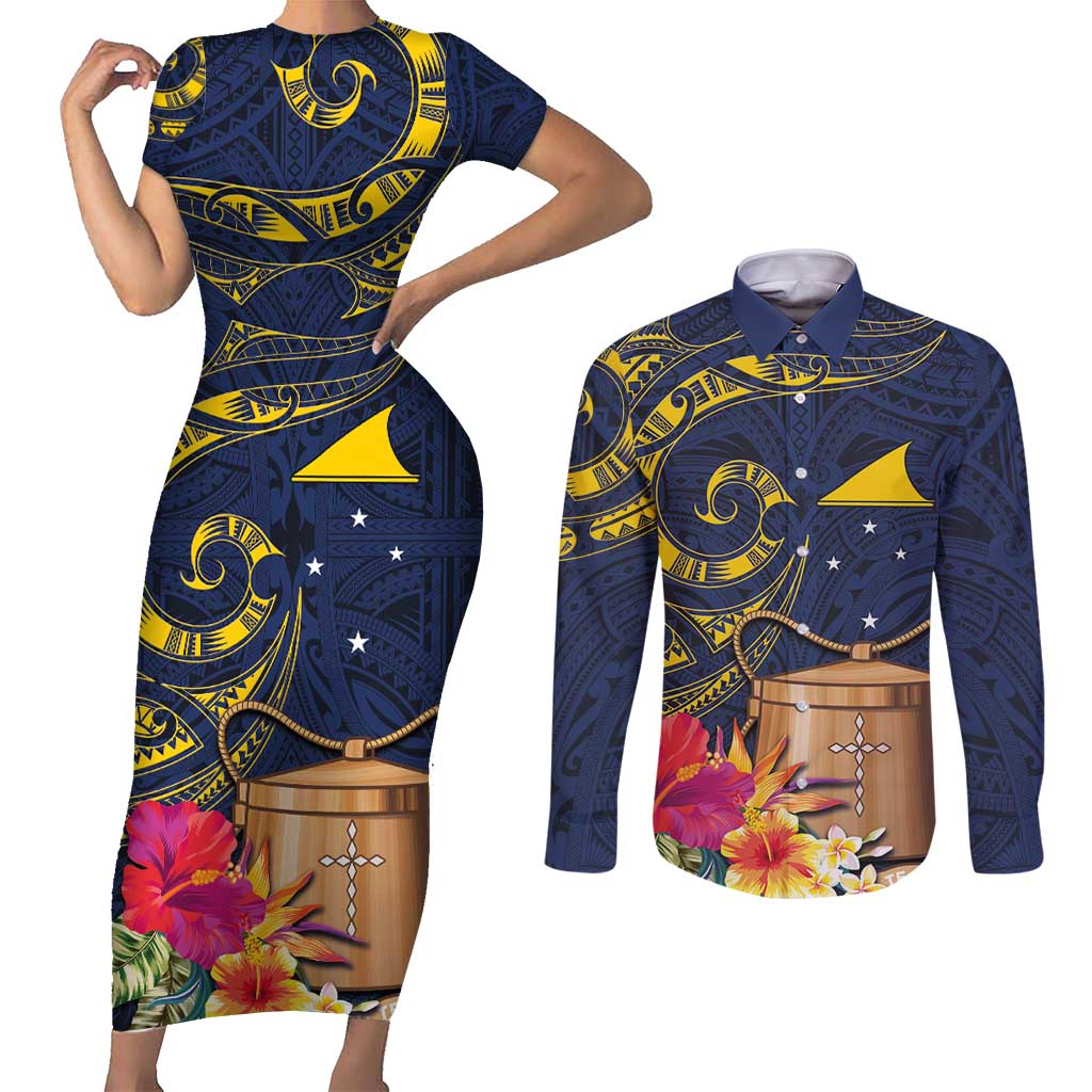 Tokelau Tokehega Day Couples Matching Short Sleeve Bodycon Dress and Long Sleeve Button Shirt Coat of Arms with Polynesian Tattoo and Hibiscus