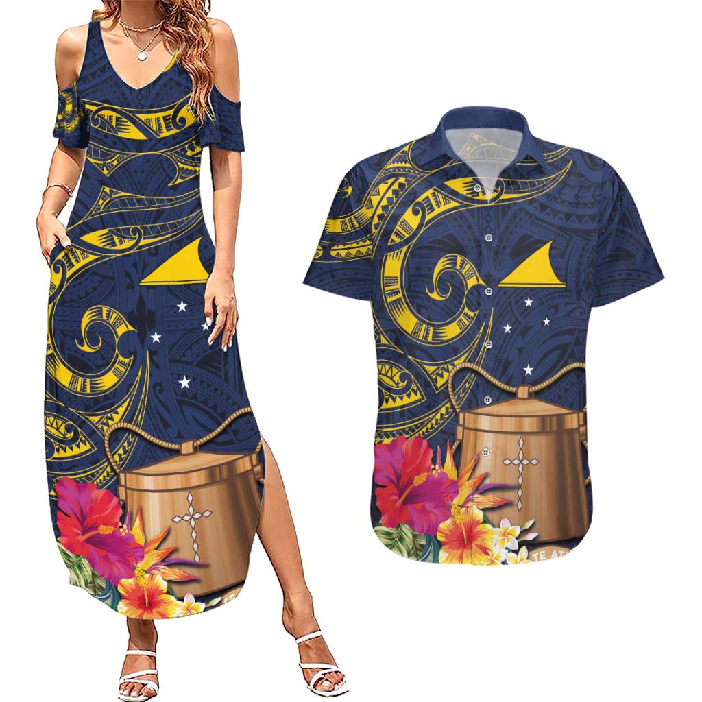 Tokelau Tokehega Day Couples Matching Summer Maxi Dress and Hawaiian Shirt Coat of Arms with Polynesian Tattoo and Hibiscus