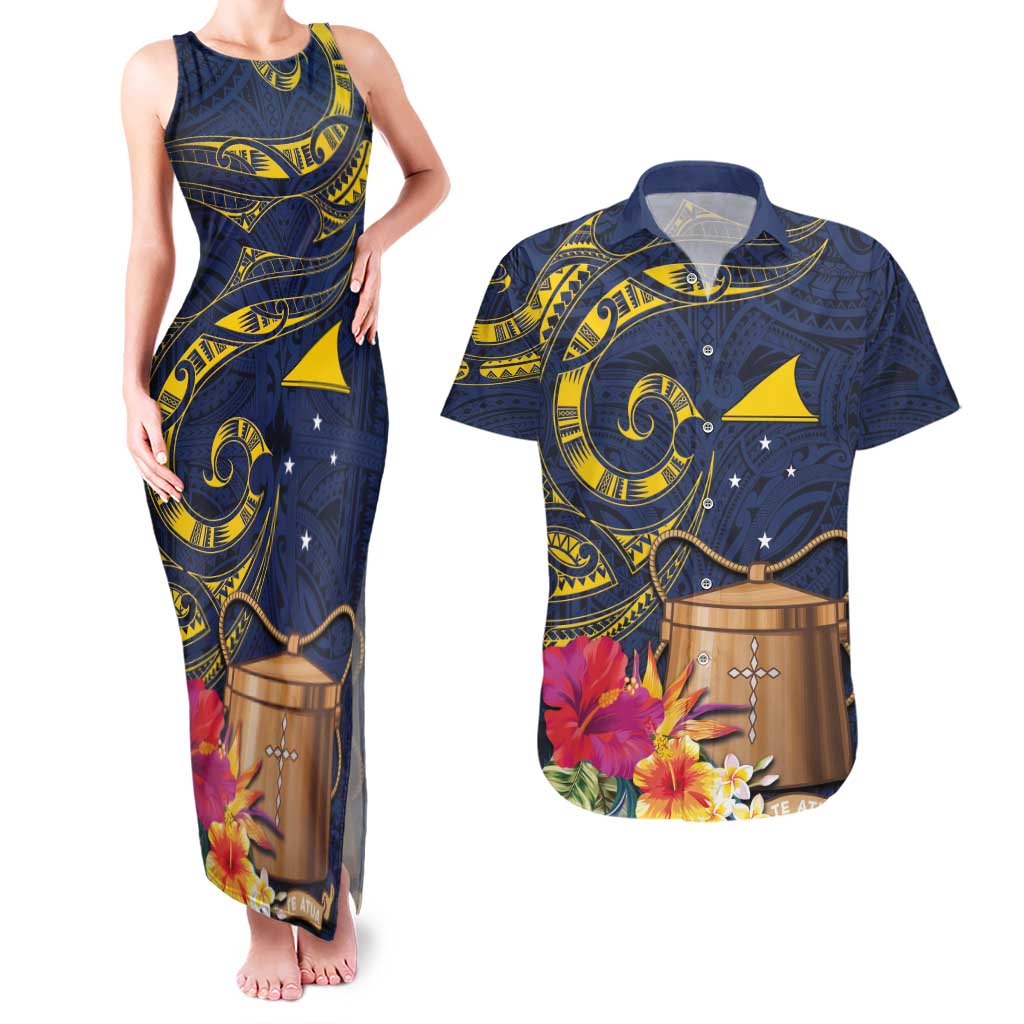 Tokelau Tokehega Day Couples Matching Tank Maxi Dress and Hawaiian Shirt Coat of Arms with Polynesian Tattoo and Hibiscus