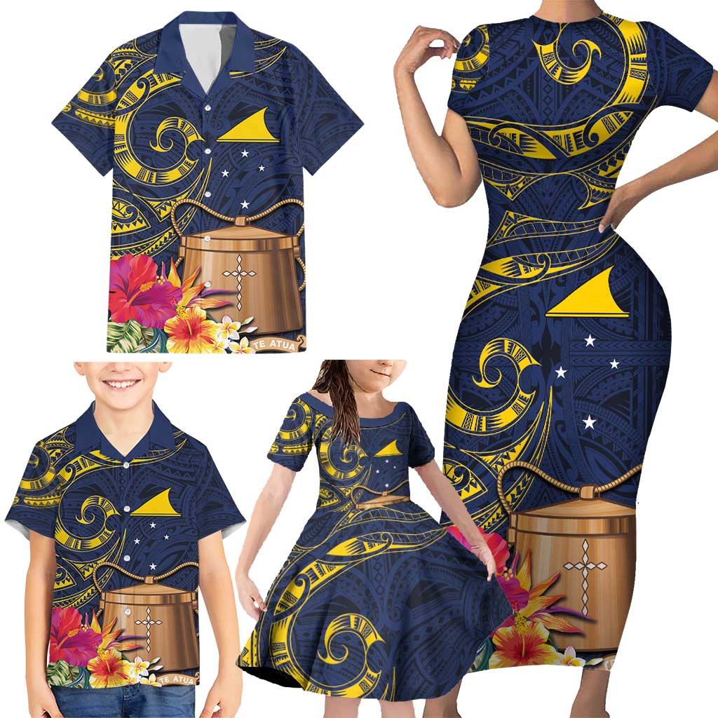 Tokelau Tokehega Day Family Matching Short Sleeve Bodycon Dress and Hawaiian Shirt Coat of Arms with Polynesian Tattoo and Hibiscus