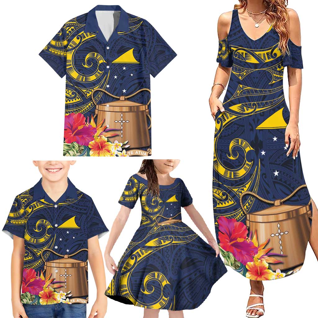 Tokelau Tokehega Day Family Matching Summer Maxi Dress and Hawaiian Shirt Coat of Arms with Polynesian Tattoo and Hibiscus