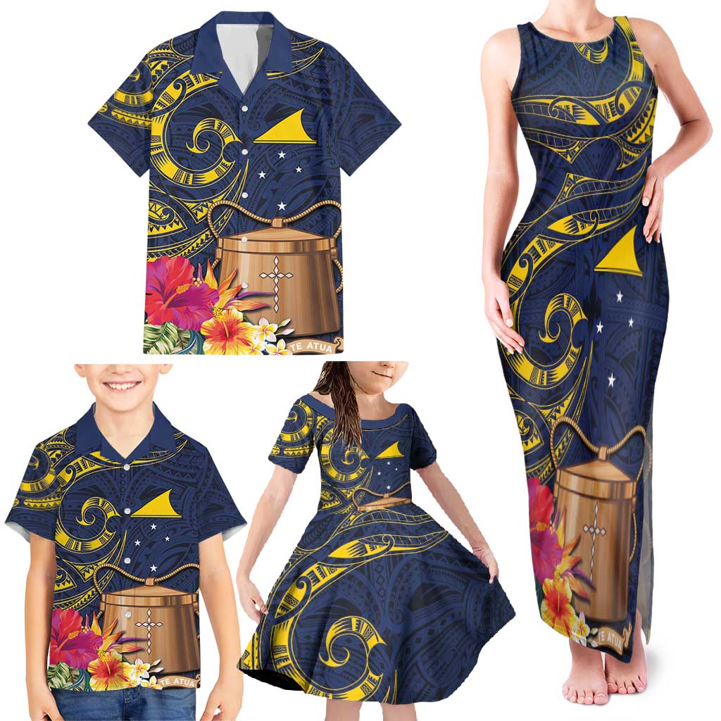 Tokelau Tokehega Day Family Matching Tank Maxi Dress and Hawaiian Shirt Coat of Arms with Polynesian Tattoo and Hibiscus