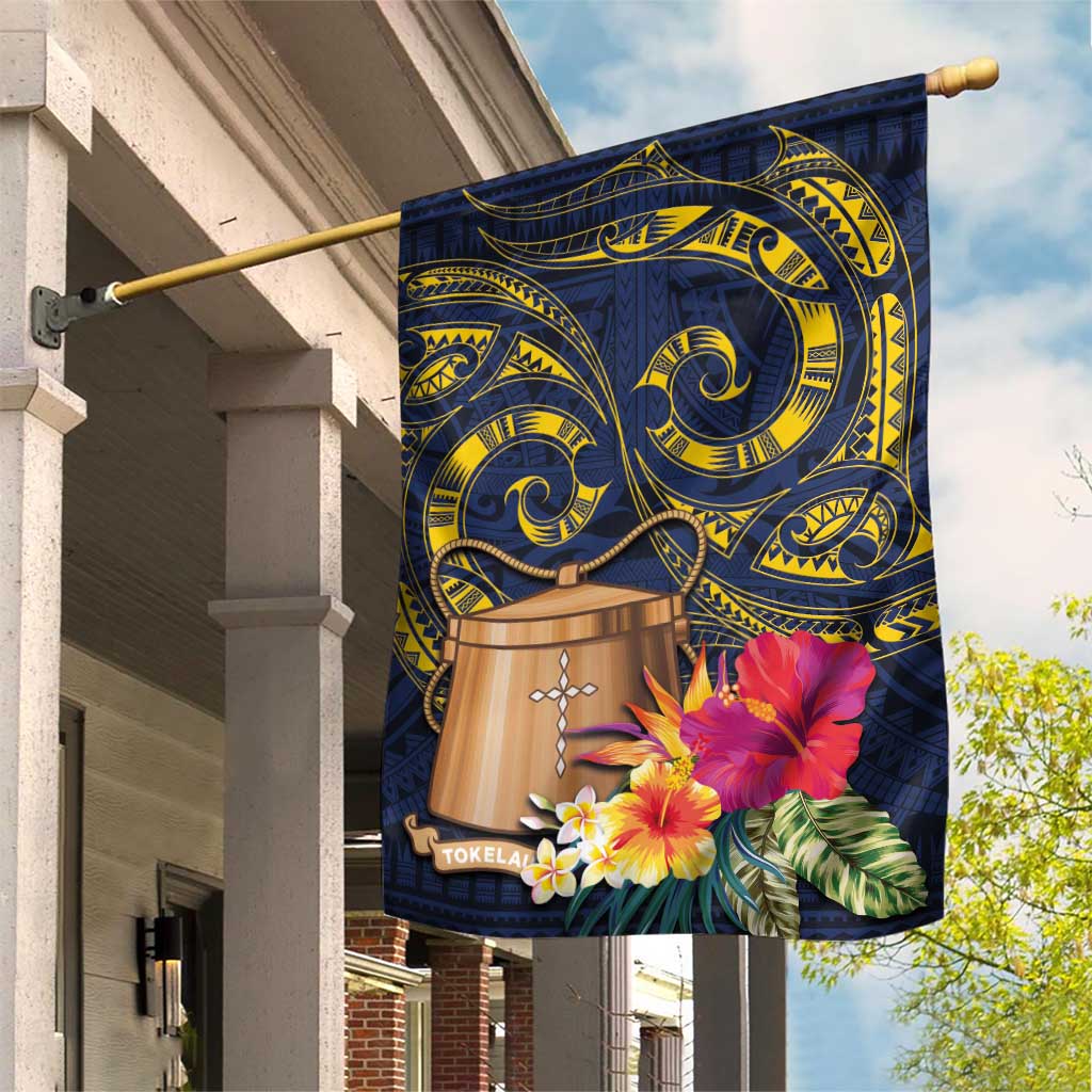 Tokelau Tokehega Day Garden Flag Coat of Arms with Polynesian Tattoo and Hibiscus