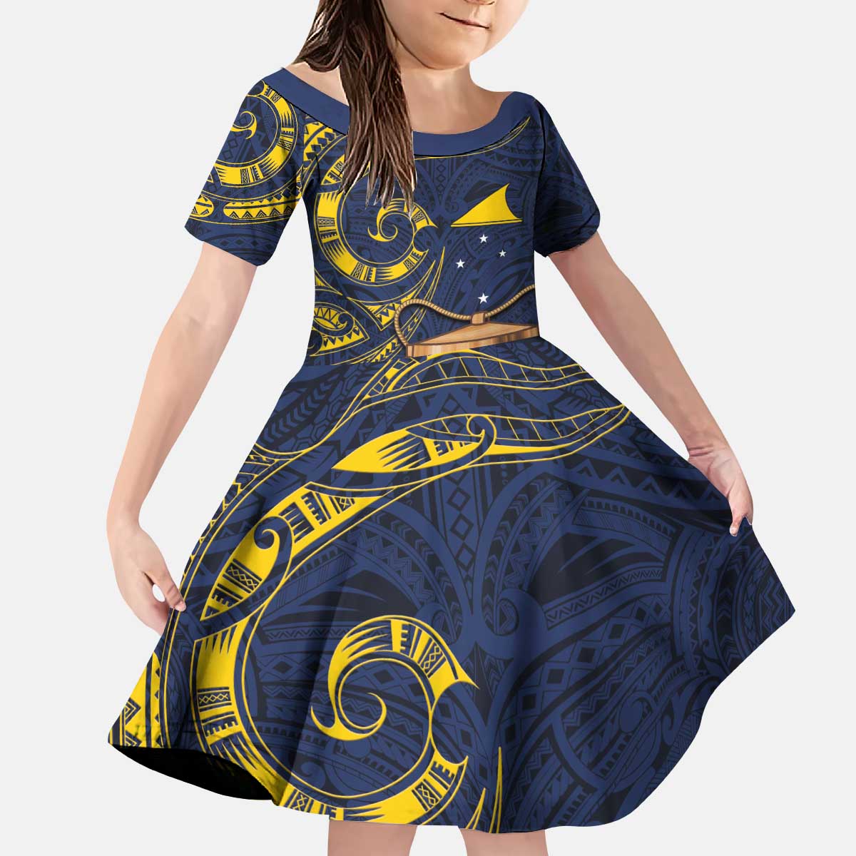 Tokelau Tokehega Day Kid Short Sleeve Dress Coat of Arms with Polynesian Tattoo and Hibiscus