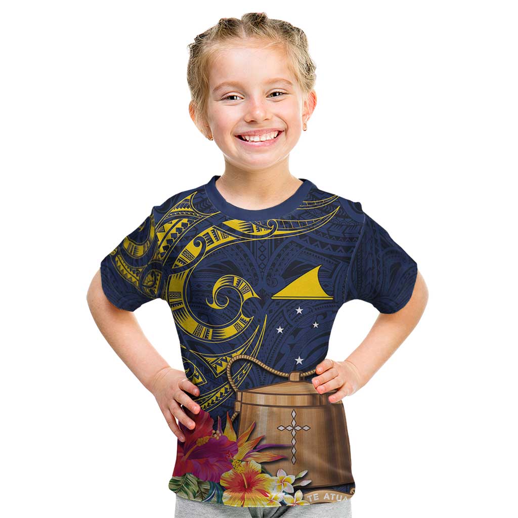 Tokelau Tokehega Day Kid T Shirt Coat of Arms with Polynesian Tattoo and Hibiscus LT03 Blue - Polynesian Pride